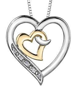 Sterling Silver Yellow Gold Accent Diamond Heart Pendant Necklace.