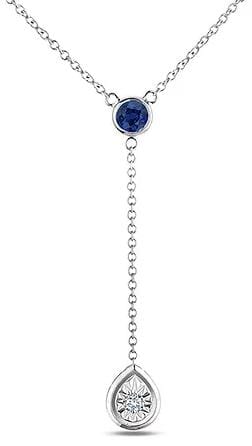 Sterling Silver Blue Sapphire, Canadian Diamond Pendant Necklace.