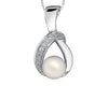 Sterling Silver Pearl, Diamond Drop Pendant Necklace.